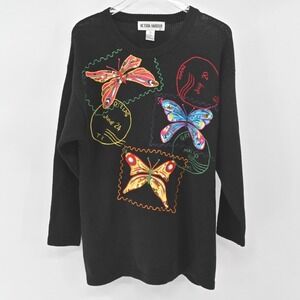 Butterfly Embroidered Womens Sweater Size S Art to Wear Black Stamps Vintage 80s